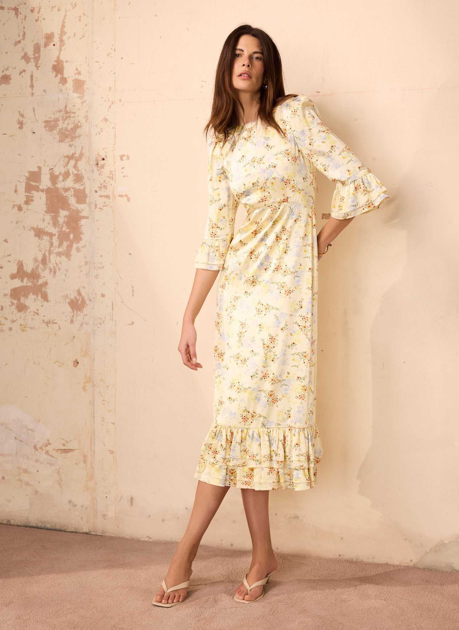 Yellow Floral Print Satin Midi Dress  Mint Velvet
