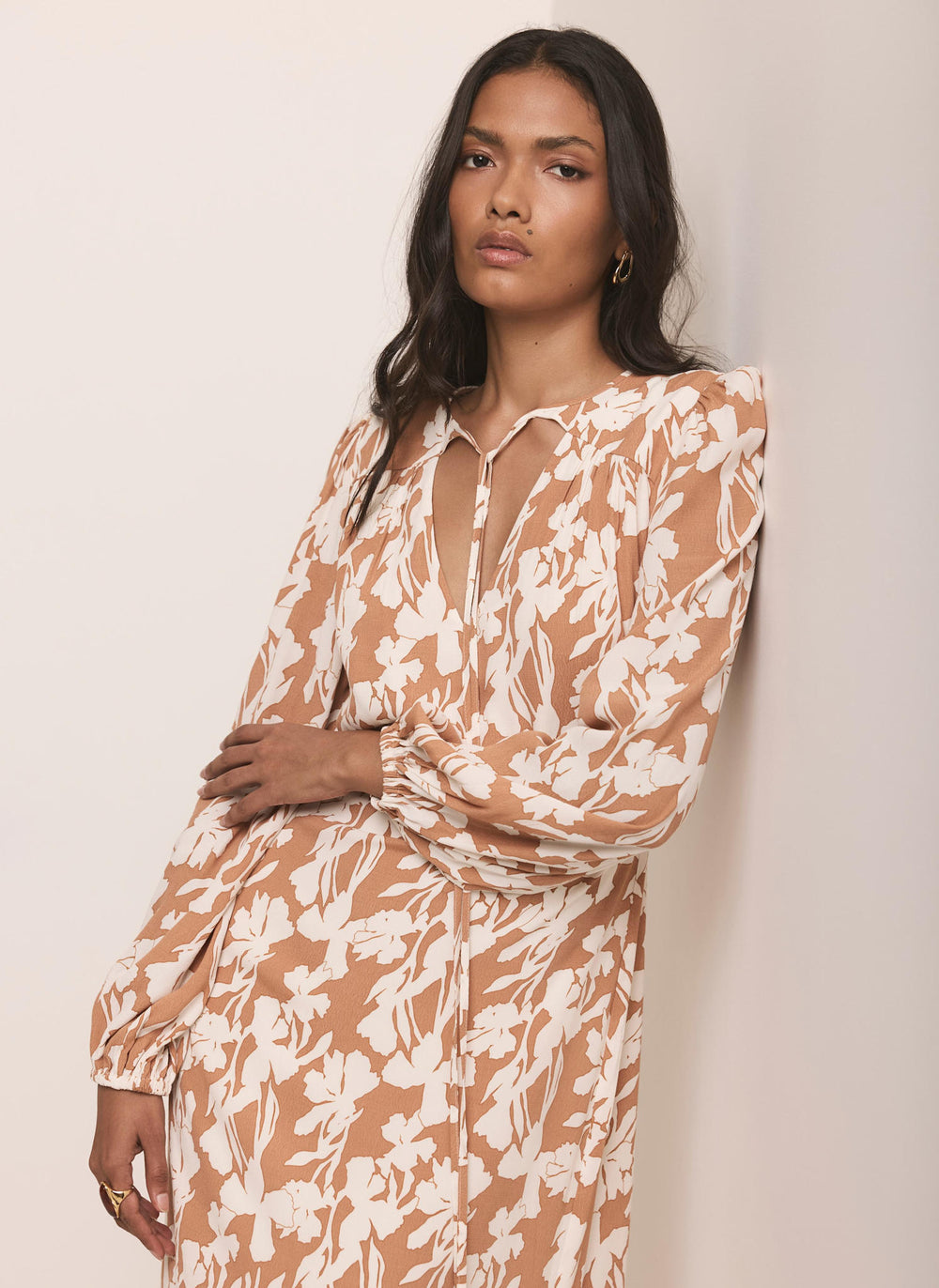 Neutral Floral Print Midi Dress