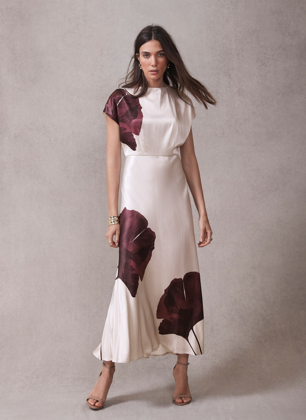 Burgundy Floral Print Satin Midi Dress