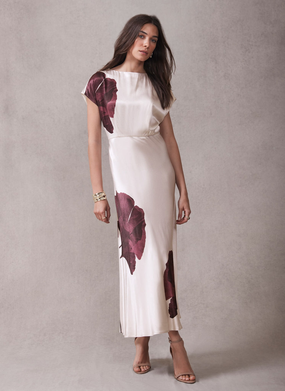 Burgundy Floral Print Satin Midi Dress