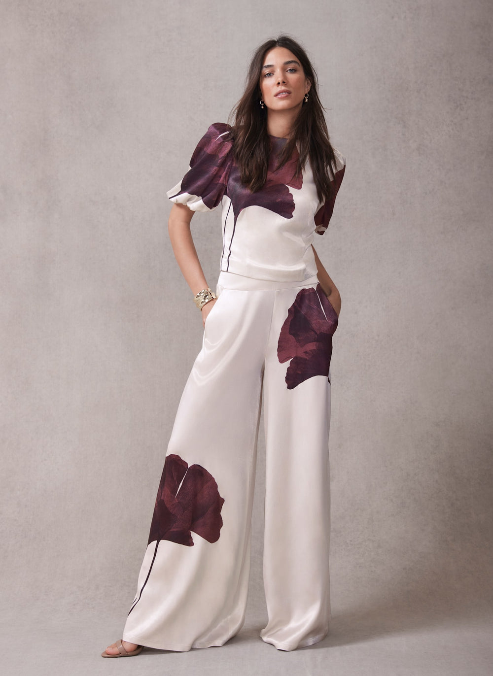 Burgundy Floral Print Satin Trouser