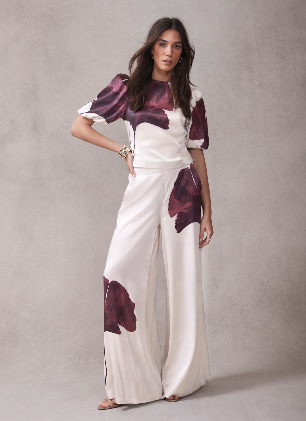 Burgundy Floral Print Satin Trouser