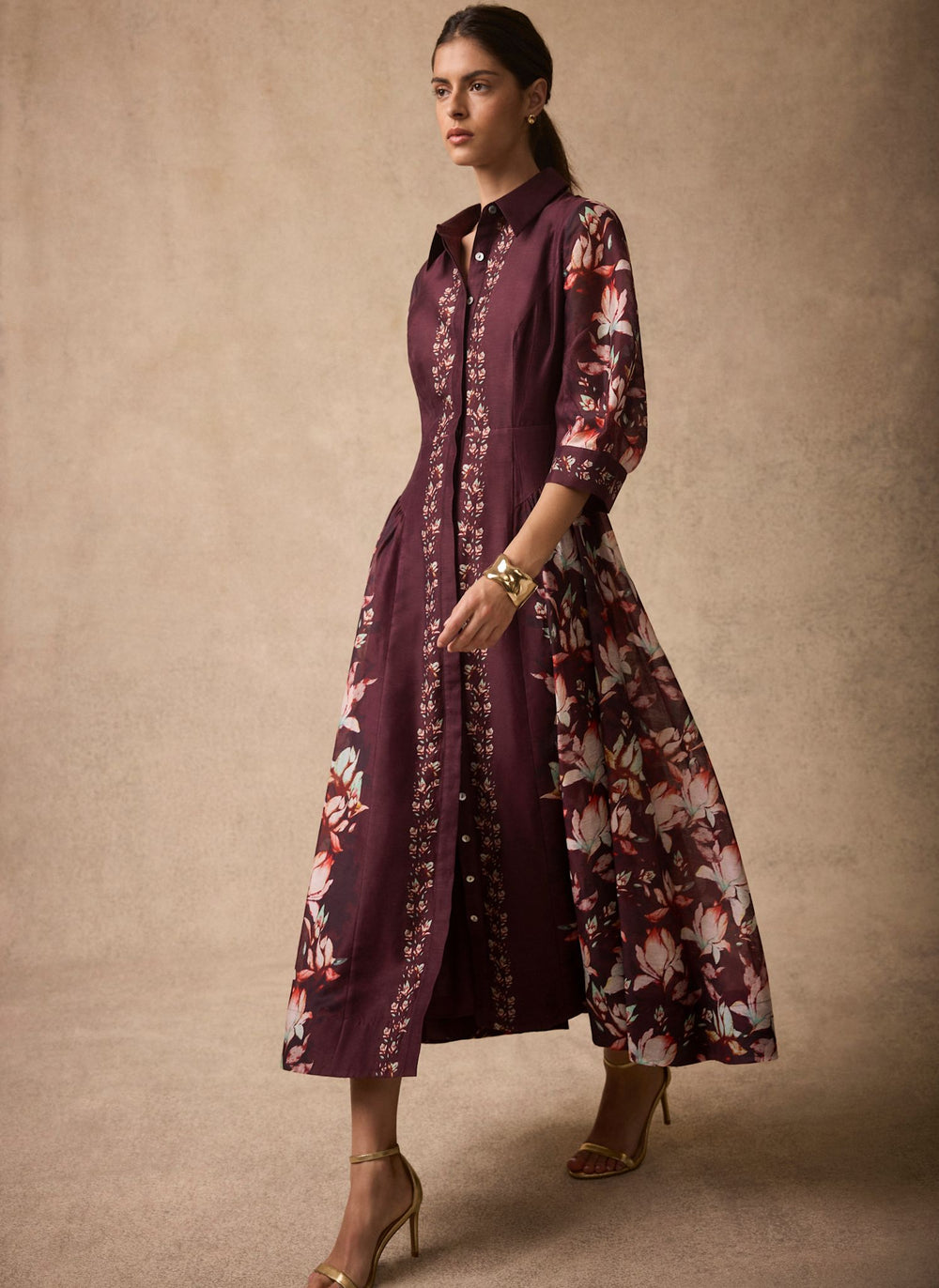 Burgundy Floral Midi Shirt Dress