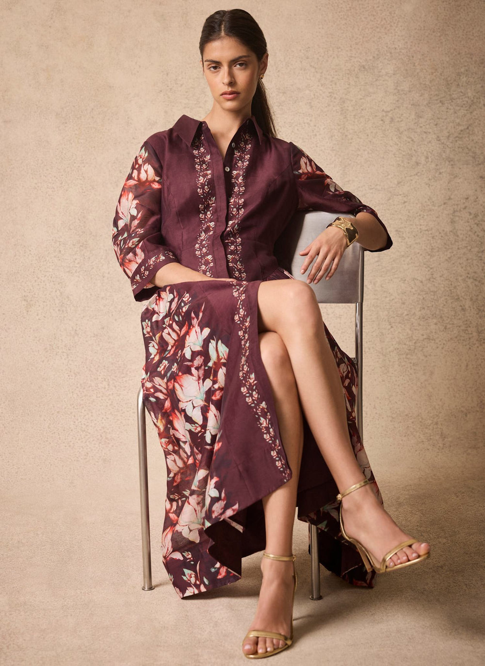 Burgundy Floral Midi Shirt Dress