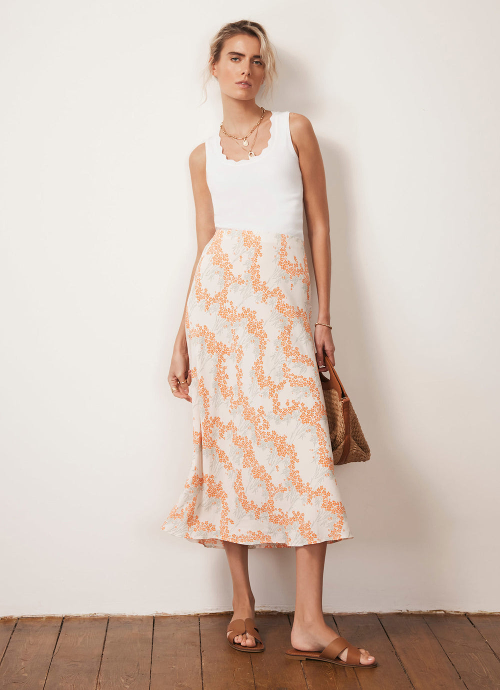 Cream Floral Print Midi Slip Skirt