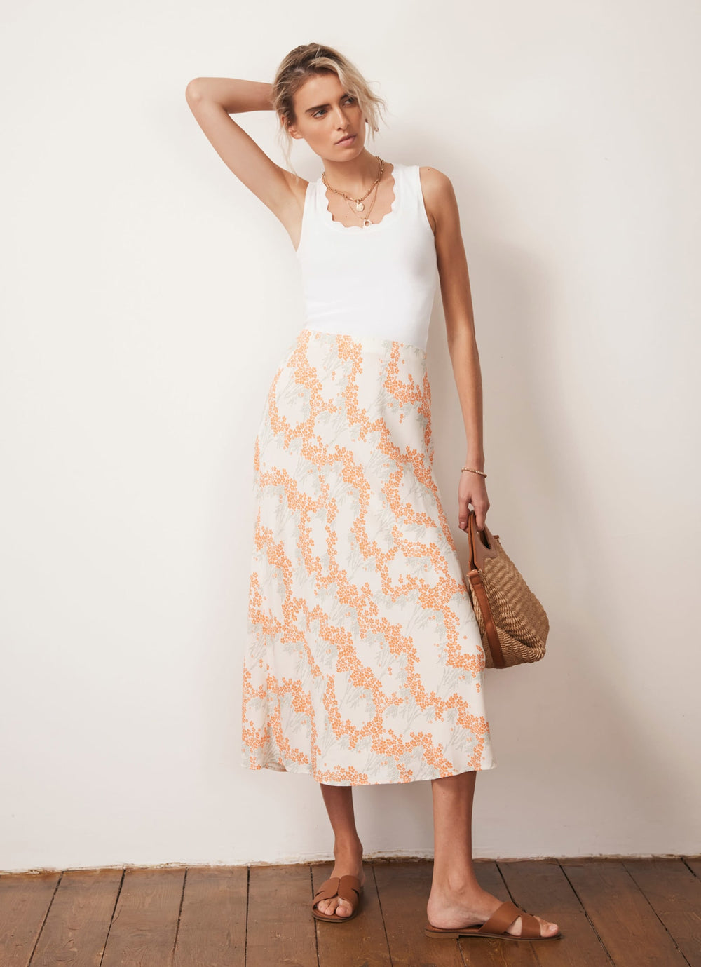 Cream Floral Print Midi Slip Skirt