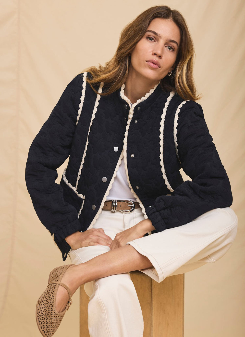 Navy Floral Jacquard Quilted Jacket