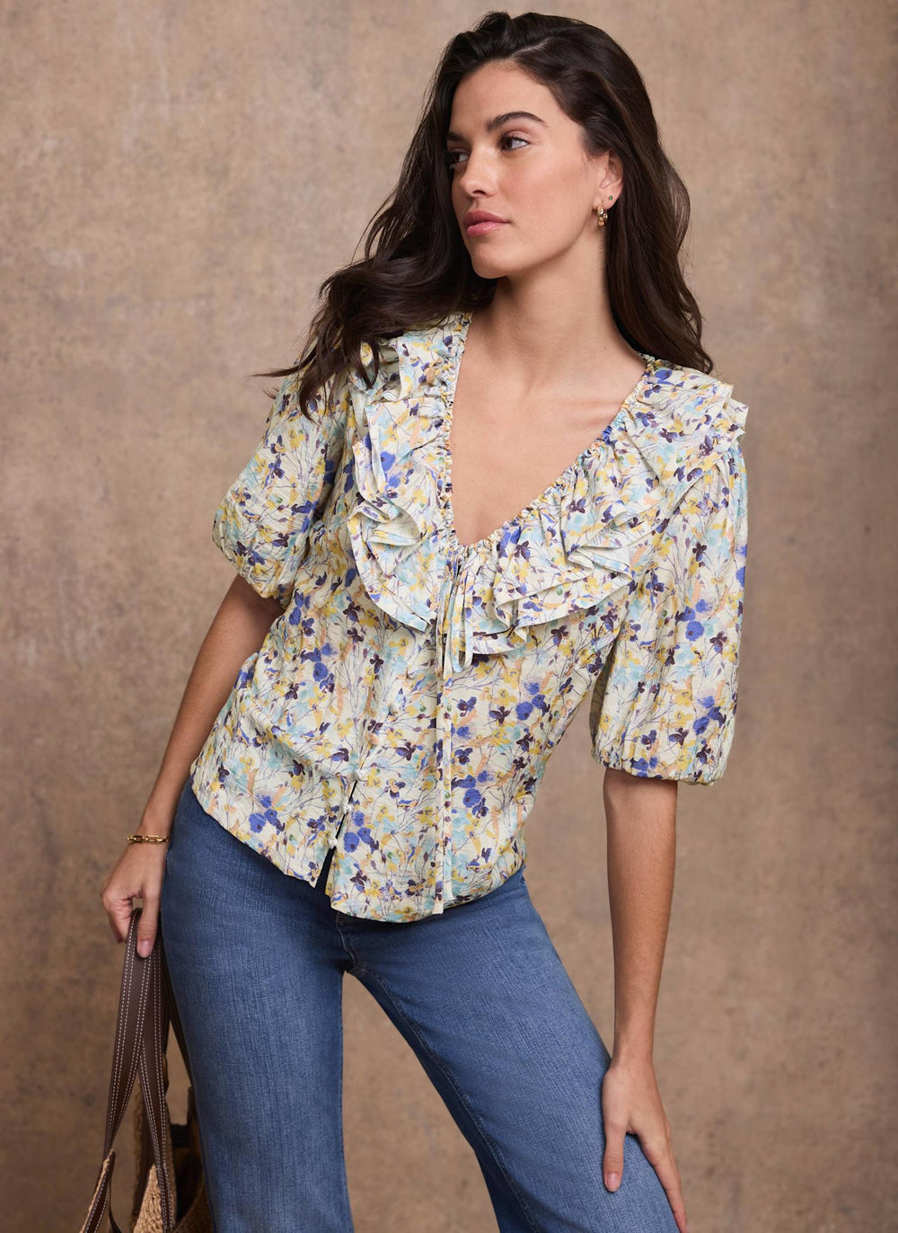 Blue Floral Ruffle Trim Blouse