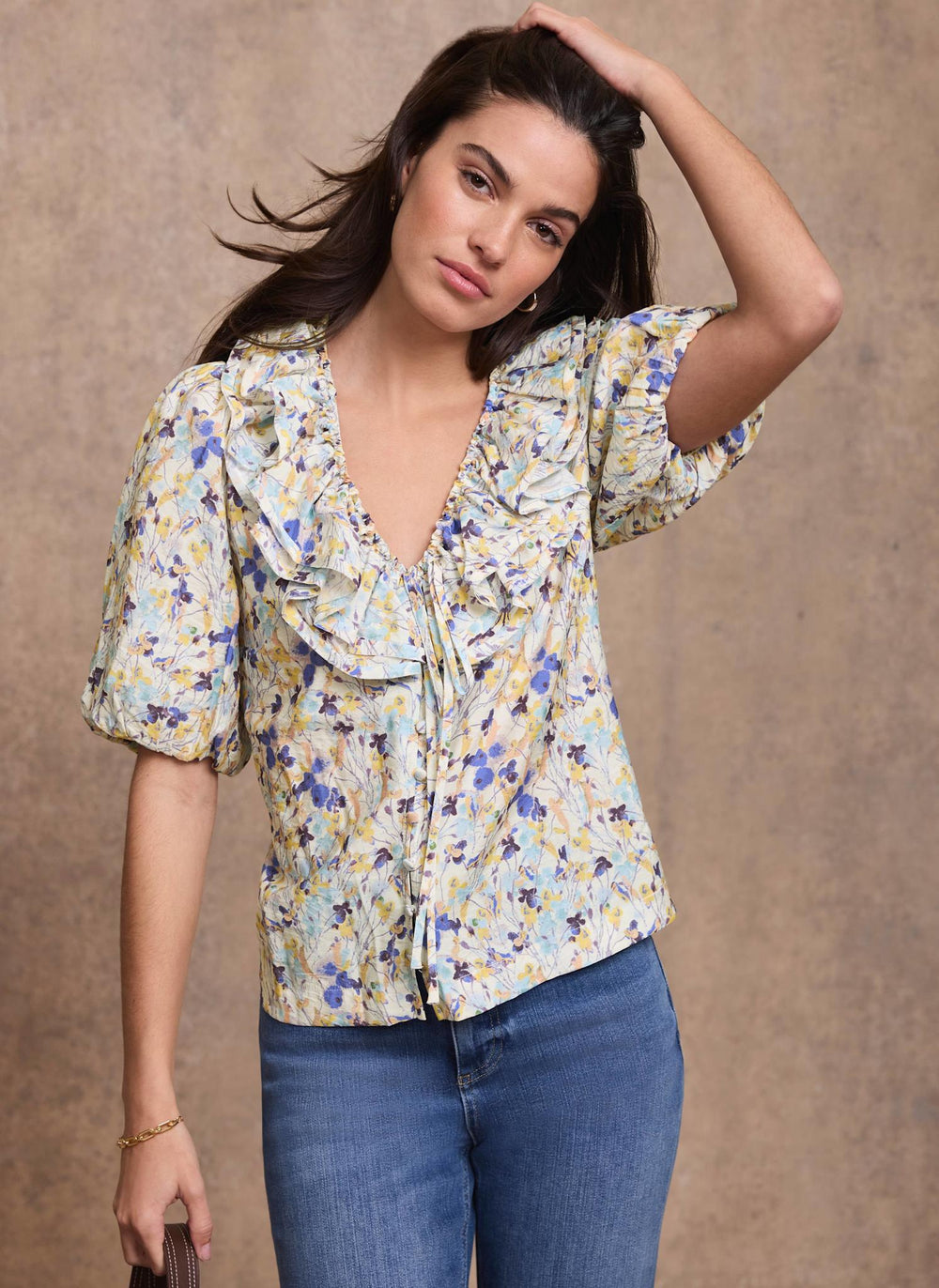 Blue Floral Ruffle Trim Blouse