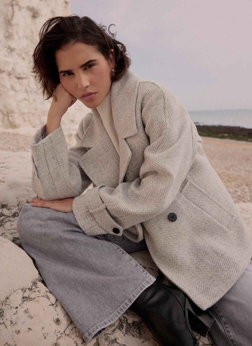 Grey Double Breasted Textured Coat