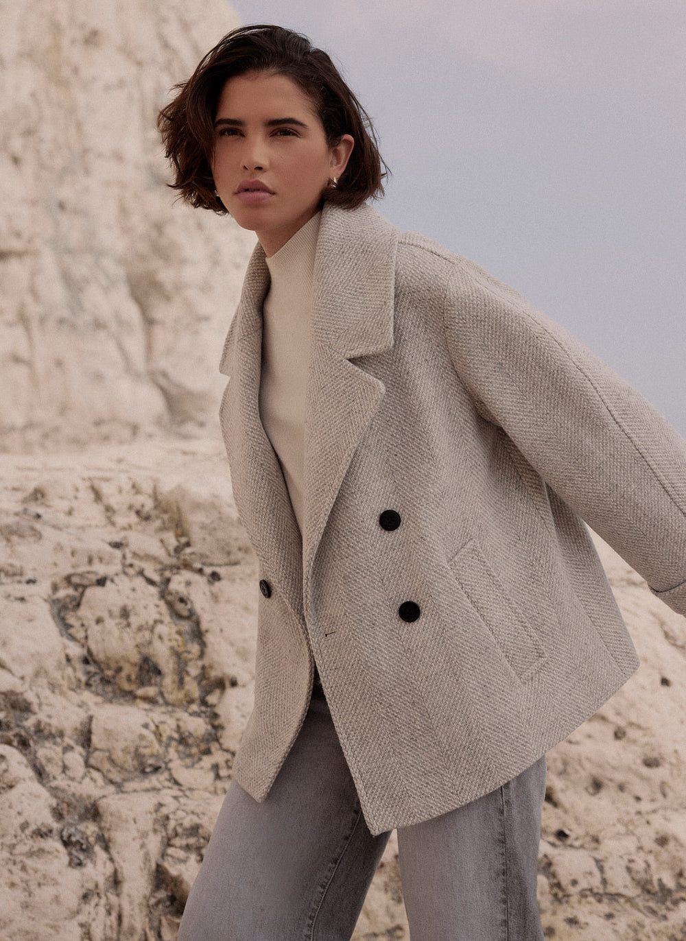 Grey Double Breasted Textured Coat