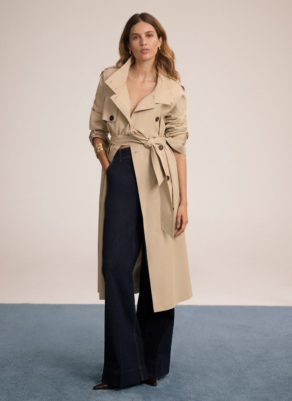 Neutral Cotton Funnel Neck Trench Coat