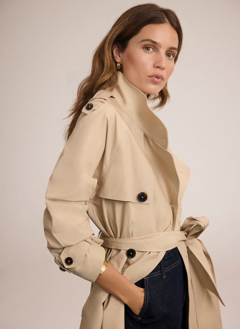 Neutral Cotton Funnel Neck Trench Coat