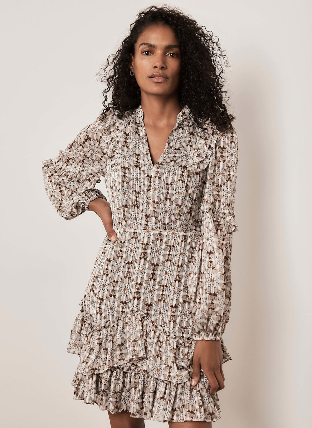 Neutral Print Ruffle Mini Dress