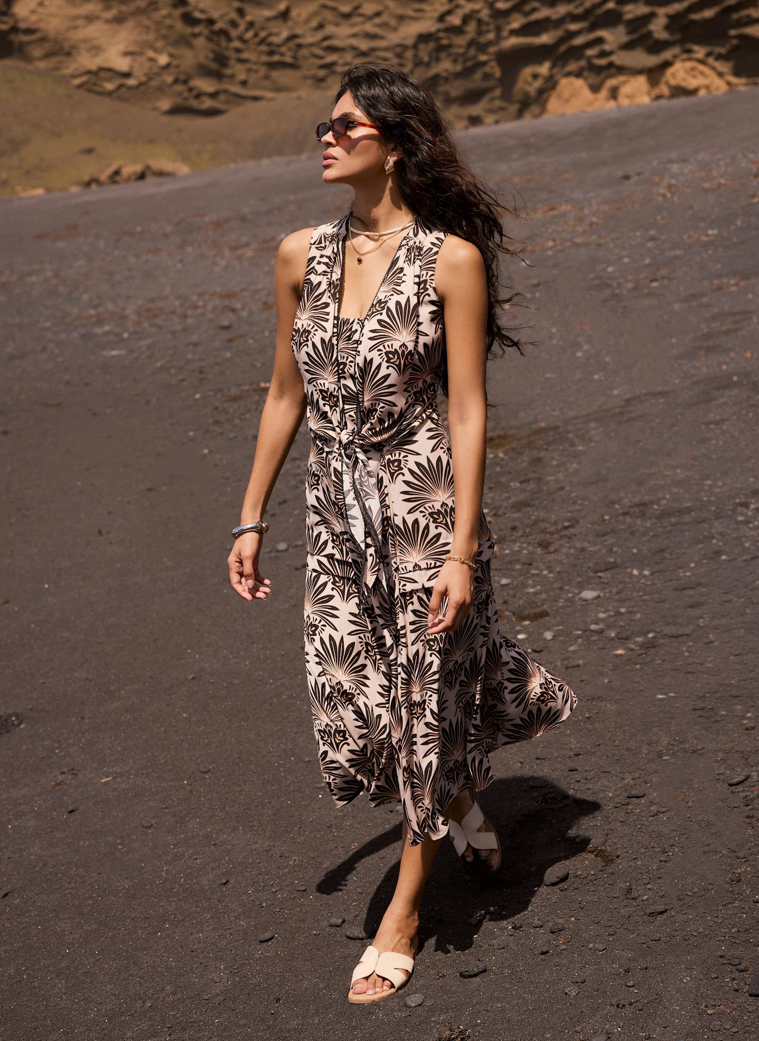 navy geo print satin frill shoulder split midi dress Mint Velvet Women's Floral Print Sleeveless Midi Dress - Black