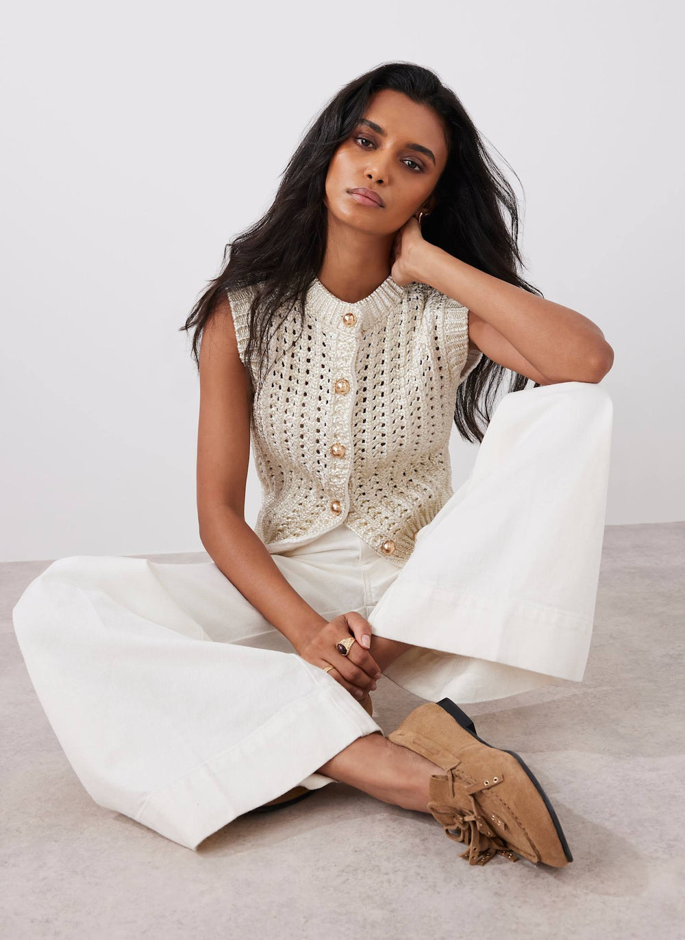 Gold Cotton Blend Foil Knit Waistcoat