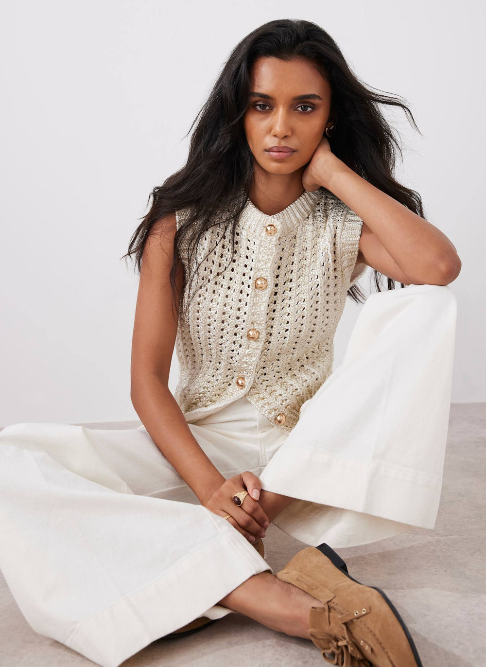 Gold Cotton Blend Foil Knit Waistcoat