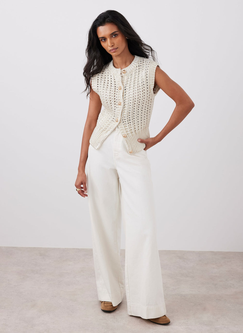 Gold Cotton Blend Foil Knit Waistcoat