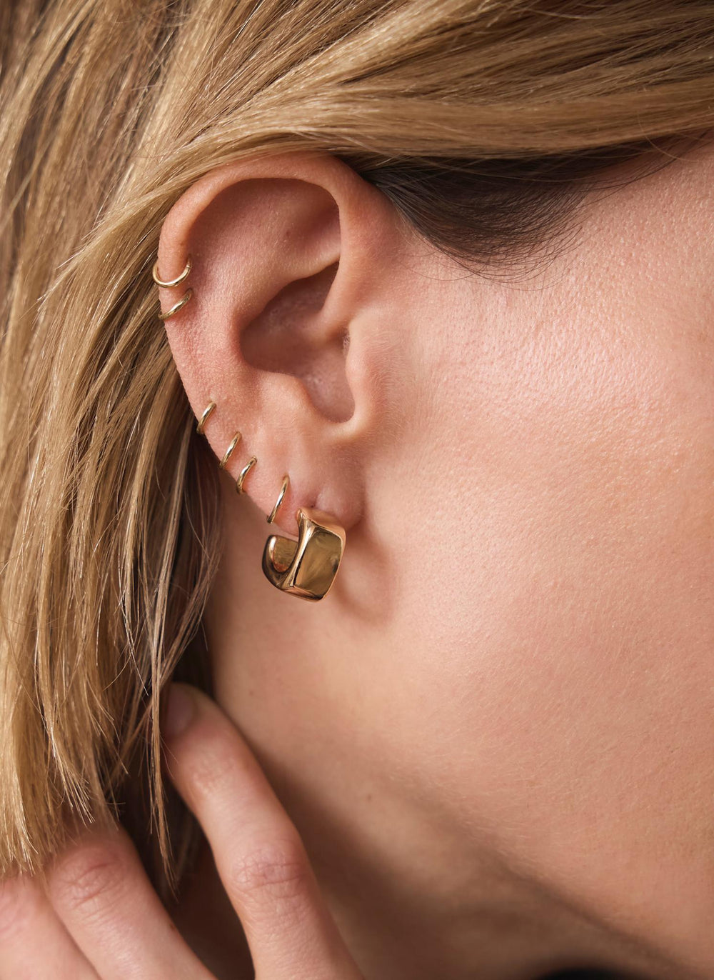 Gold Tone Mini Rounded Square Hoop Earrings