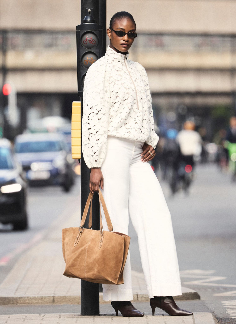 Neutral Lace Zip Detail Bomber Blouse