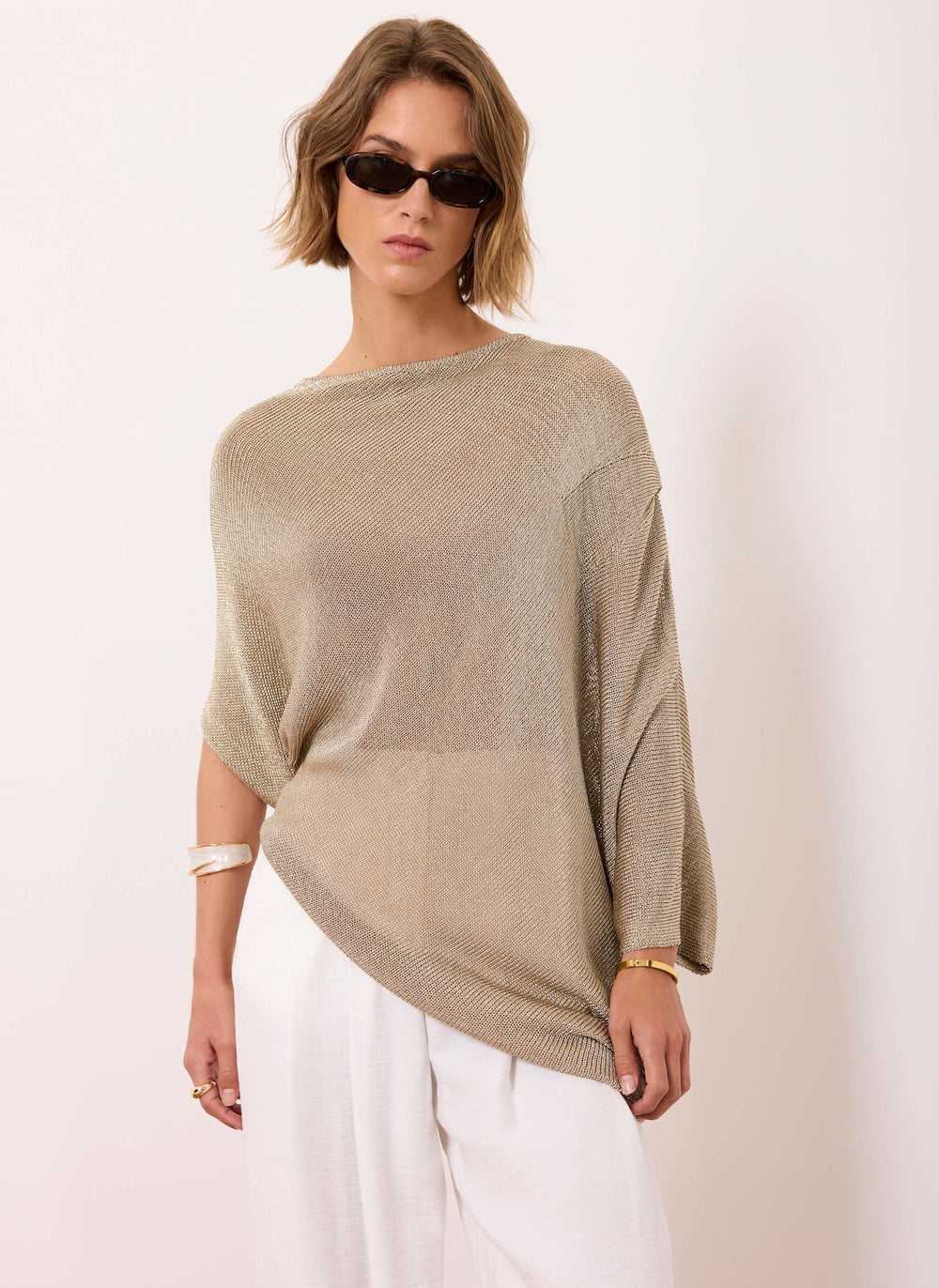 Gold Metallic Knit Poncho Top