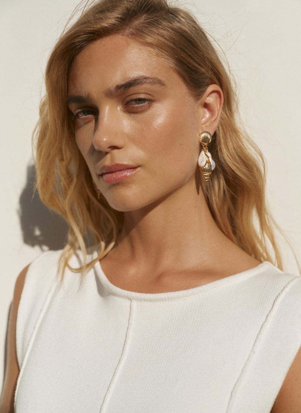 Gold Tone Shell Pearl Drop Earrings