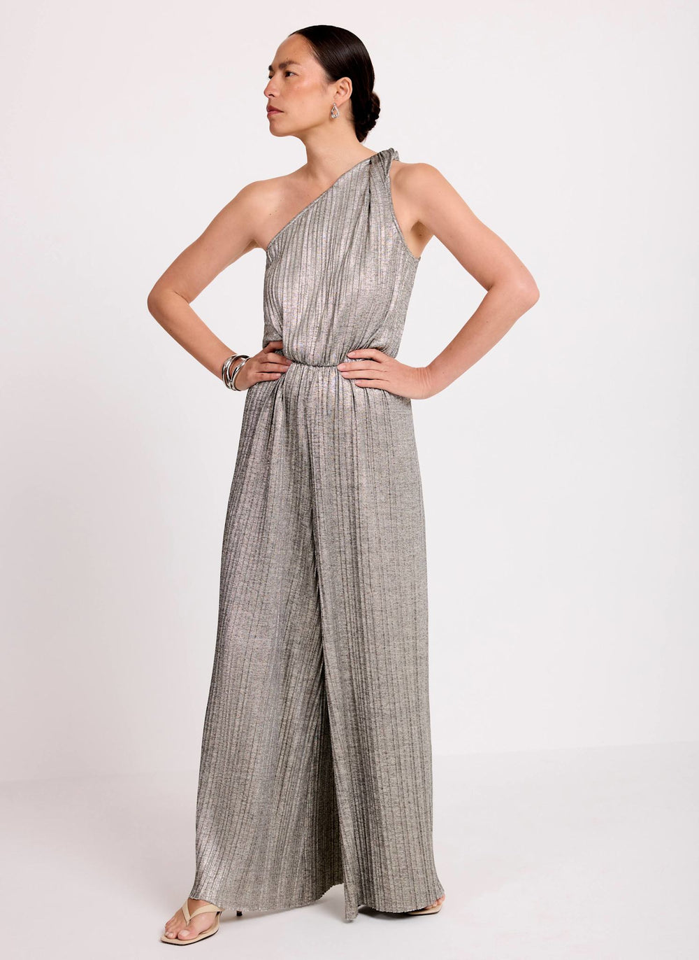 Metallic Plisse One Shoulder Jumpsuit