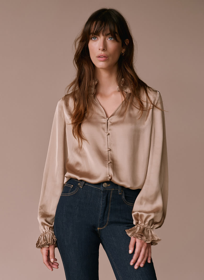 Gold Ruffle Detail Satin Blouse
