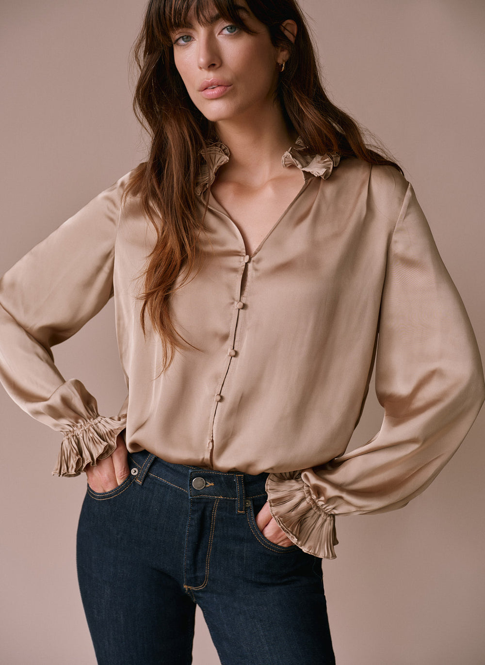 Gold Ruffle Detail Satin Blouse