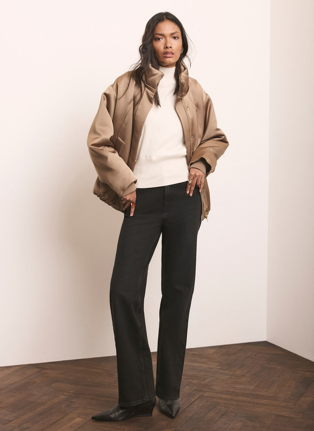 Gold Satin Funnel Neck Bomber Jacket