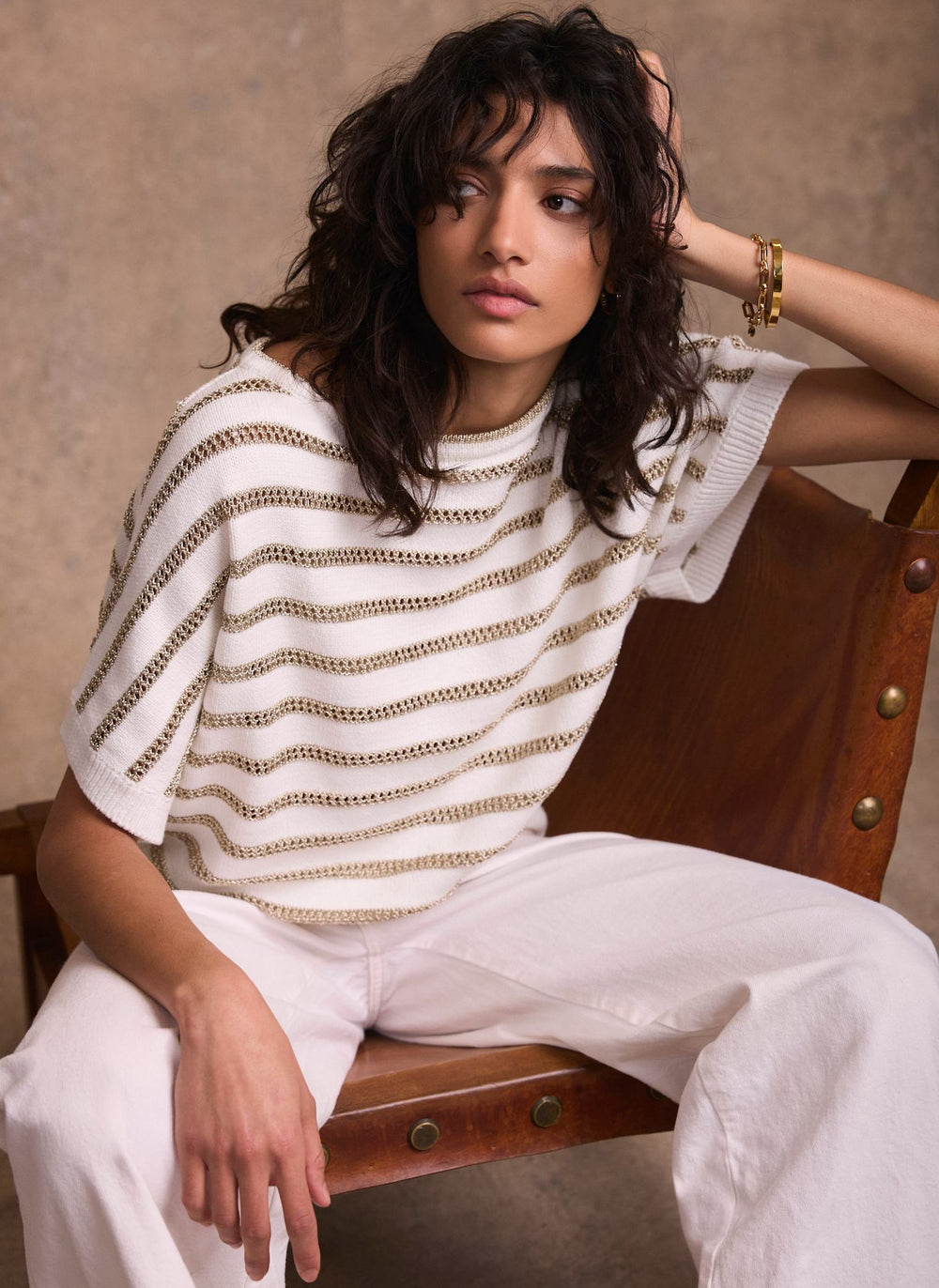 Cream Cotton Blend Metallic Stripe Top