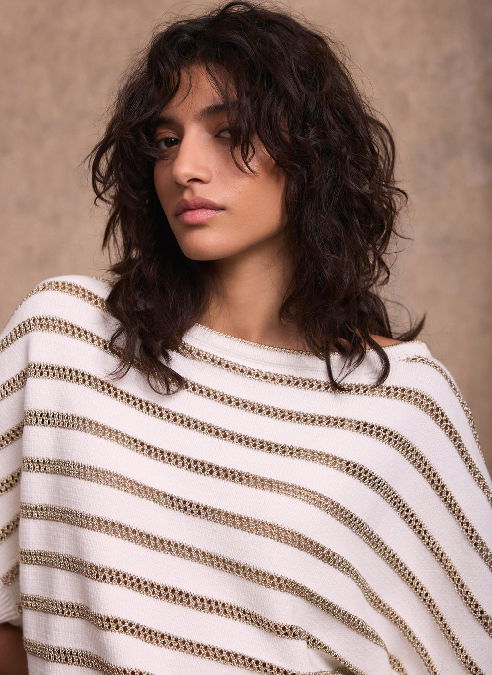 Cream Cotton Blend Metallic Stripe Top