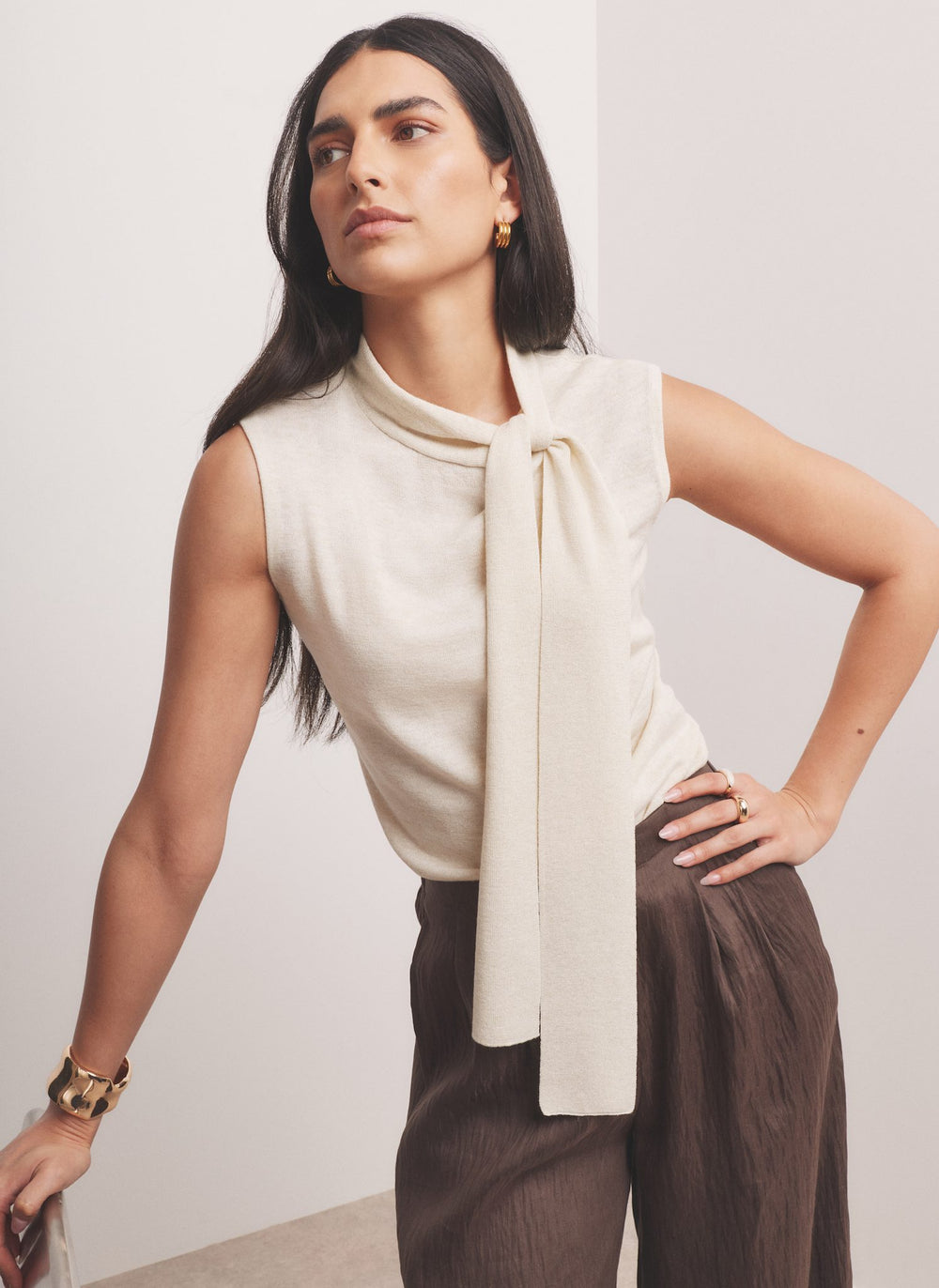 Gold Metallic Knit Tie Neck Top
