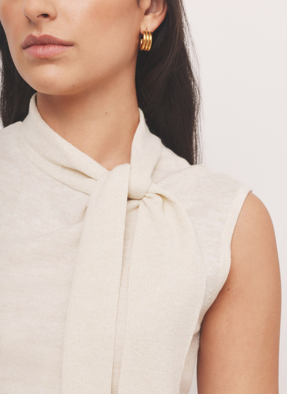 Gold Metallic Knit Tie Neck Top
