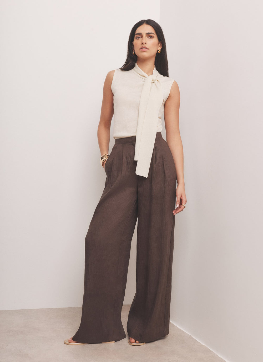 Gold Metallic Knit Tie Neck Top