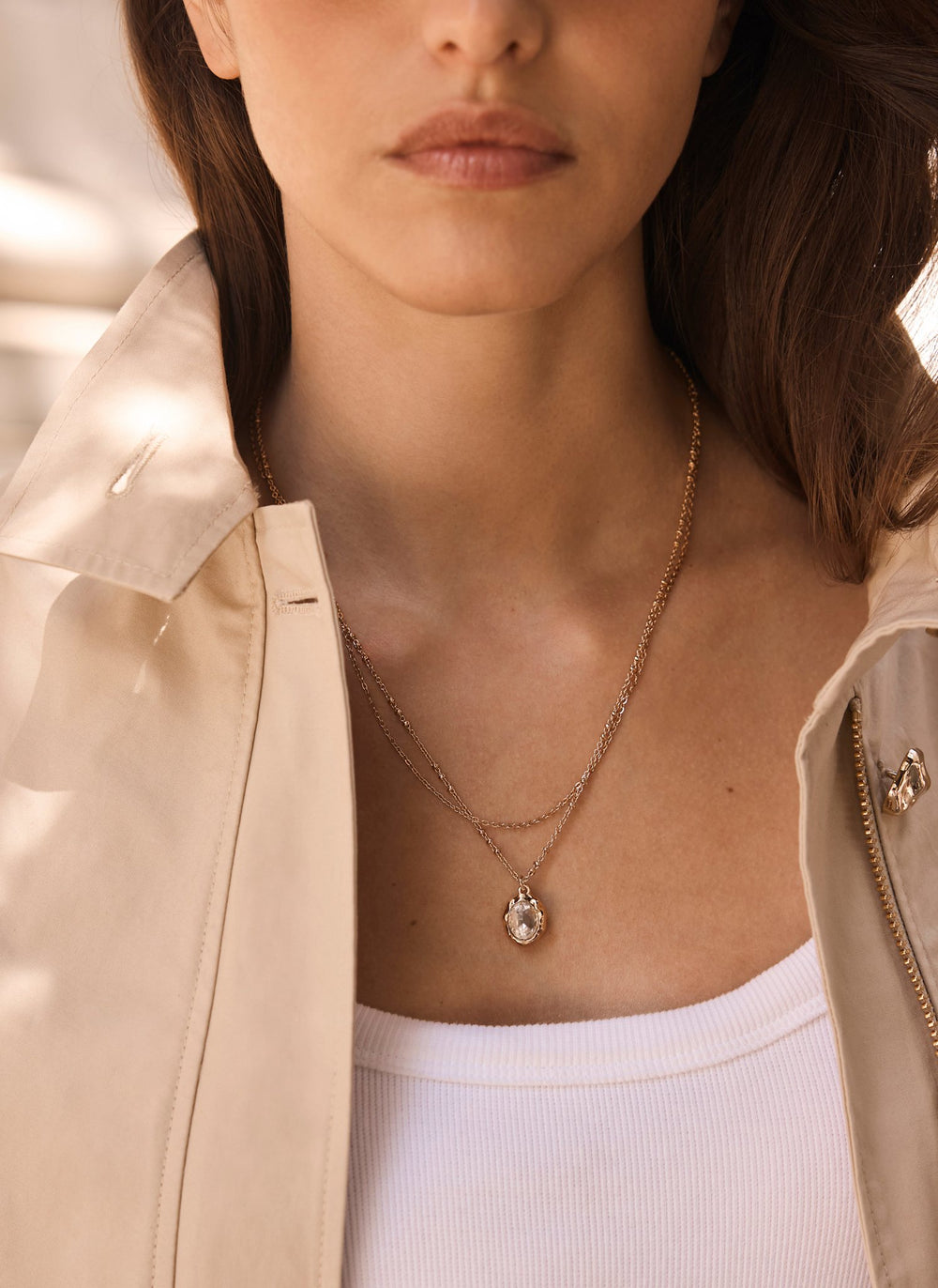 Gold Tone Layered Crystal Stone Necklace