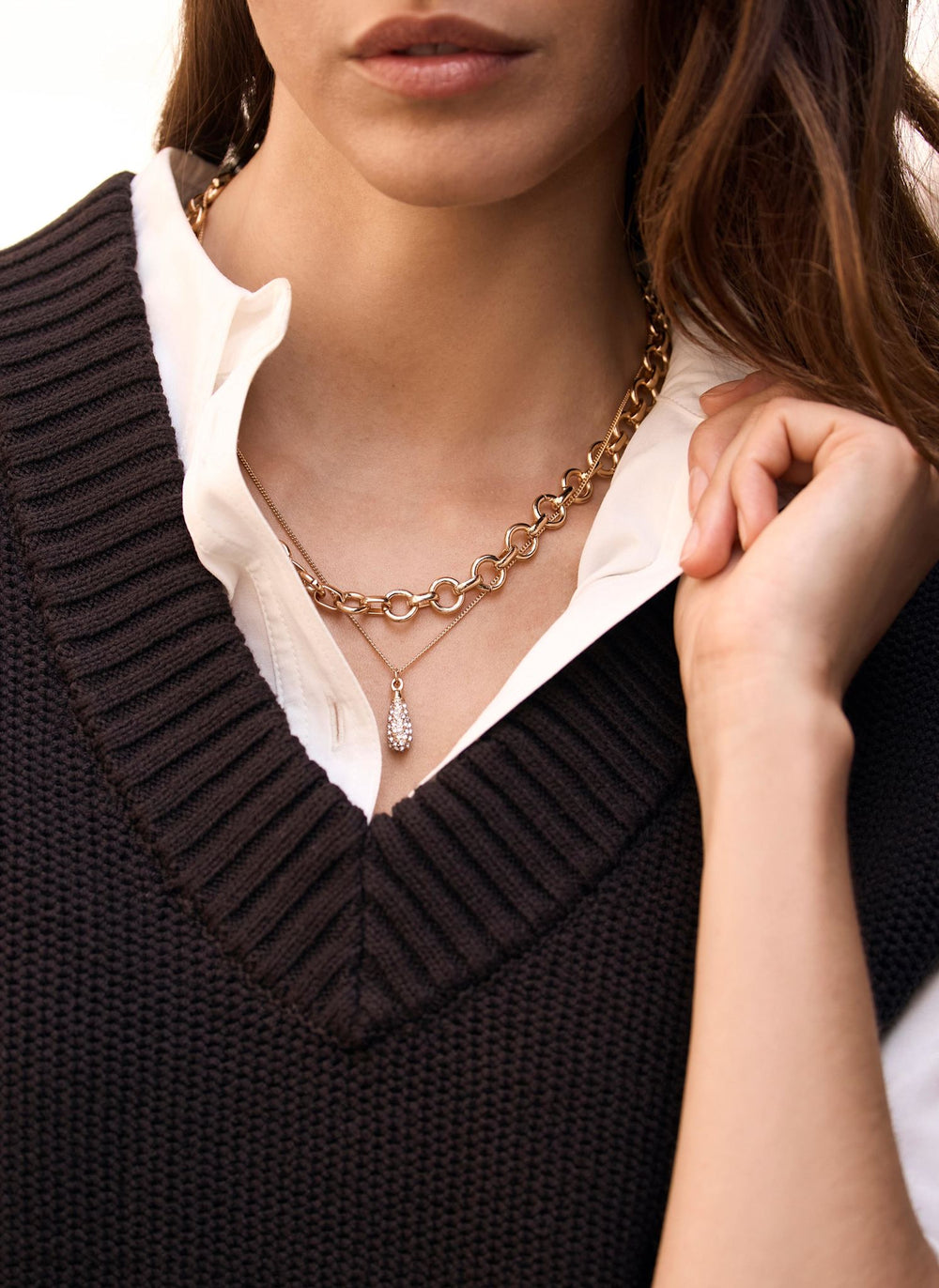 Gold Tone Pave Drop Layered Necklace