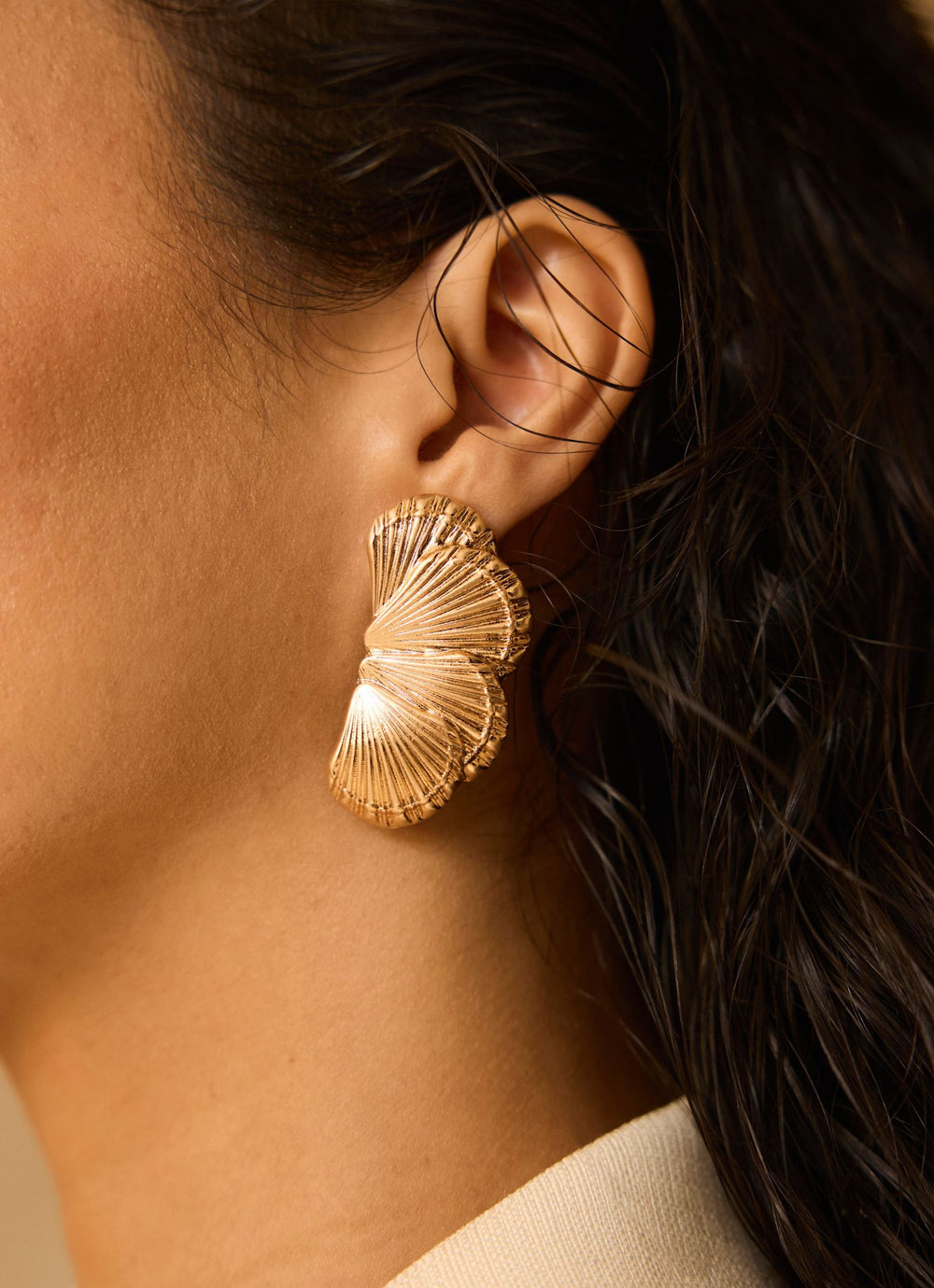 Gold Tone Shell Statement Earrings