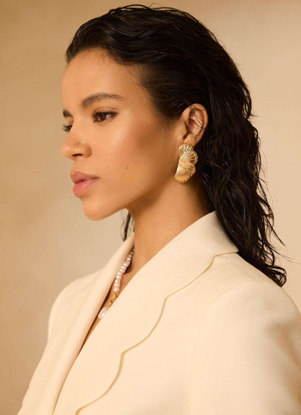 Gold Tone Shell Statement Earrings