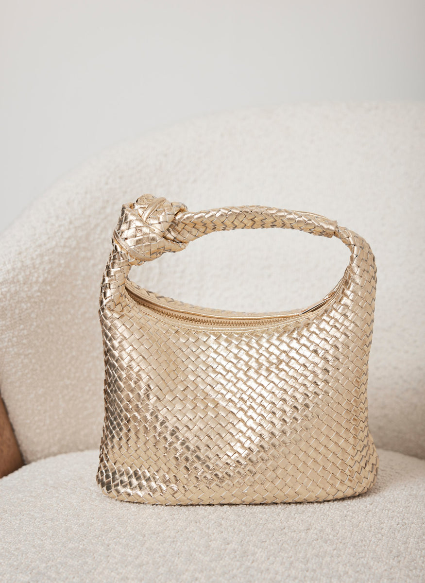 Gold Leather Woven Knot Handle Bag