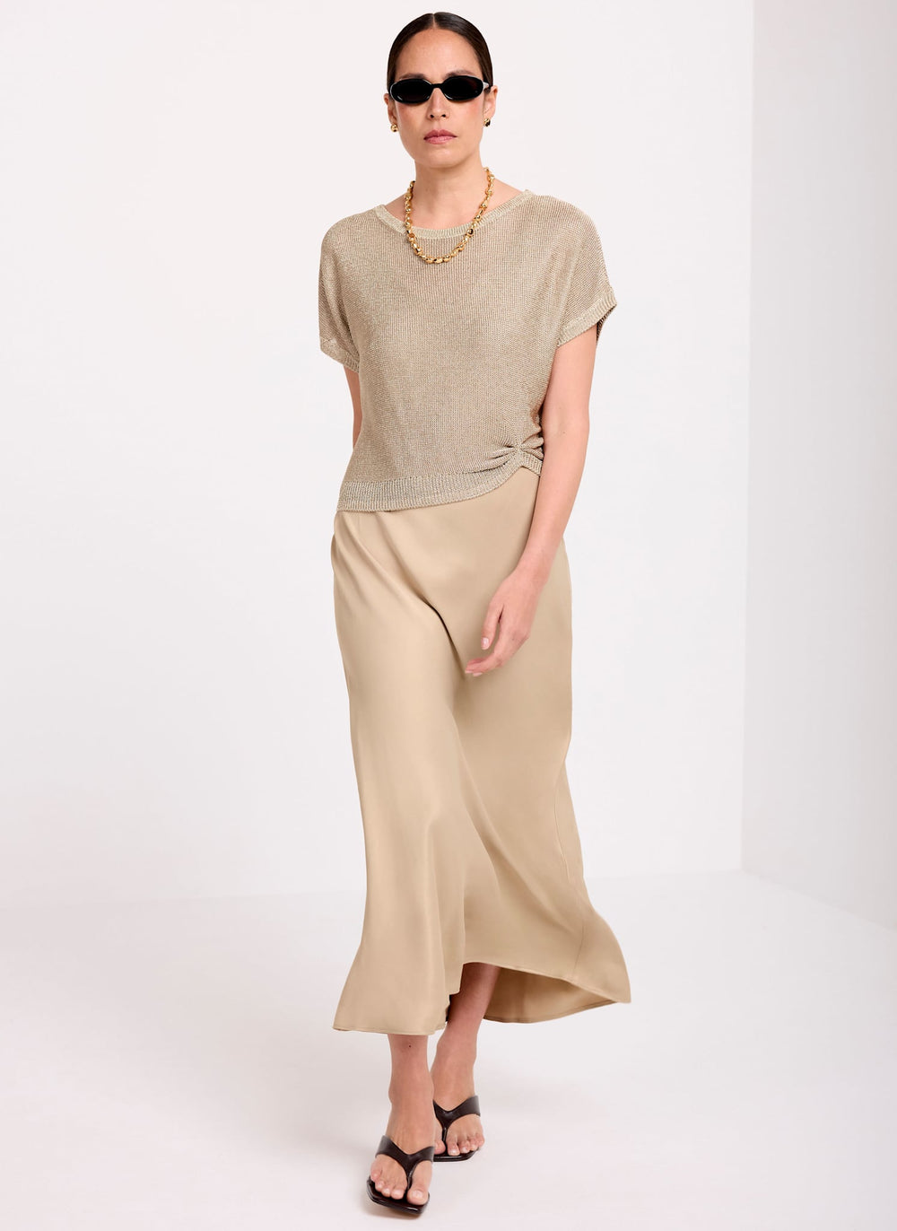 Gold Metallic Woven Mix Midi Dress
