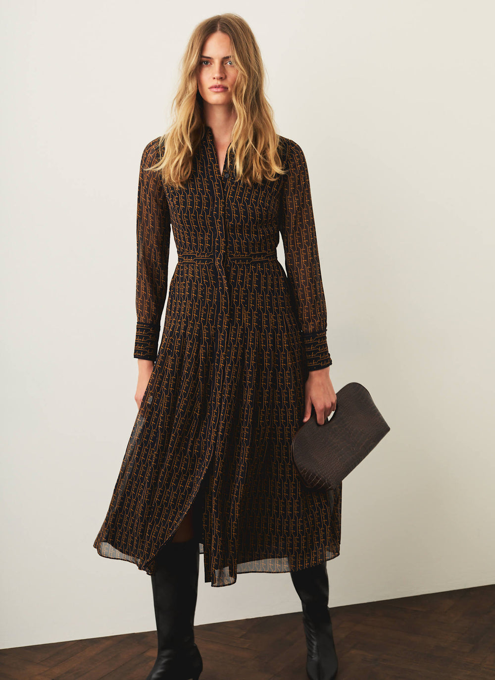 Navy Graphic Print Midi Shirt Dress