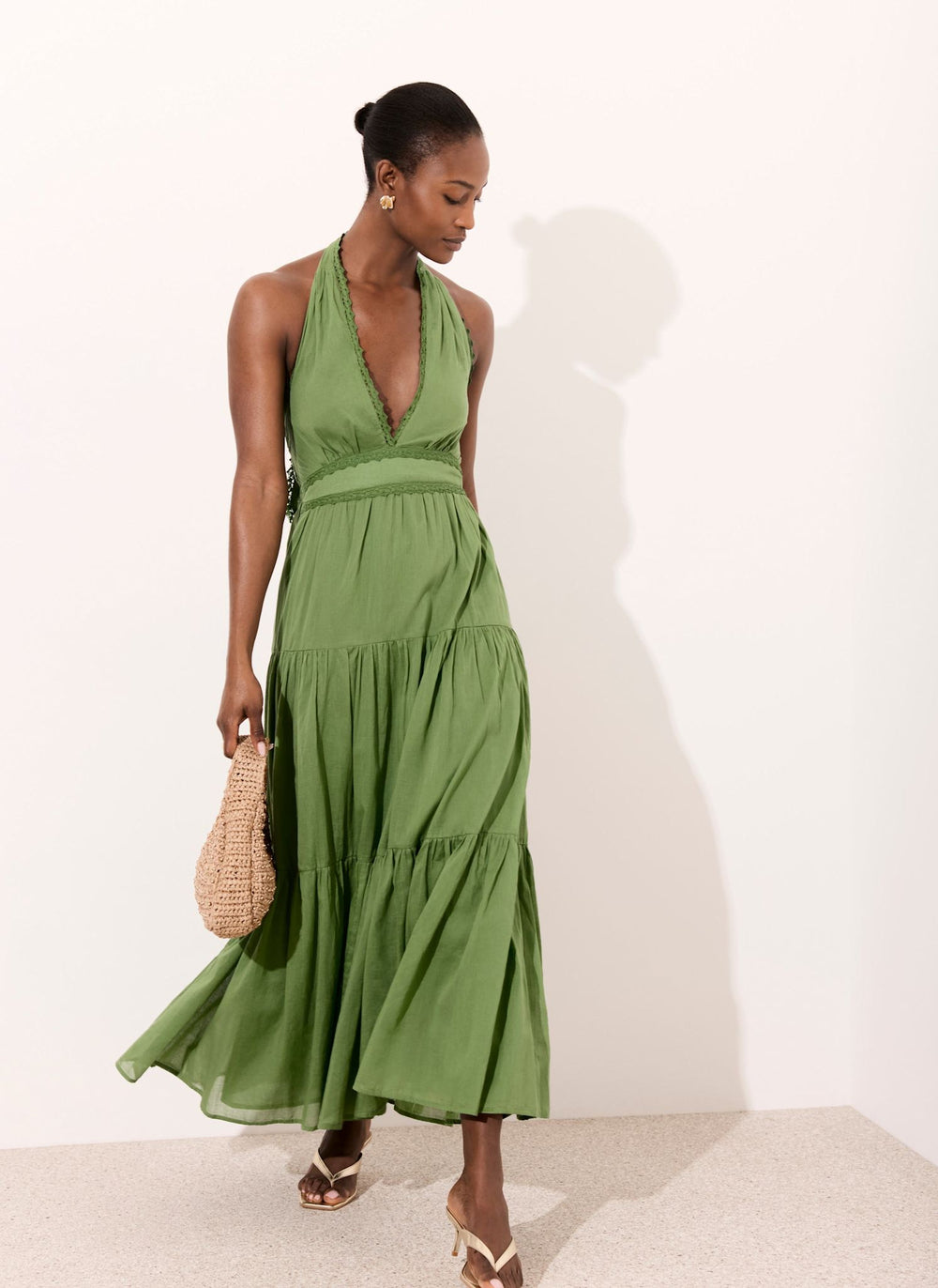 Green Cotton Halter Maxi Dress