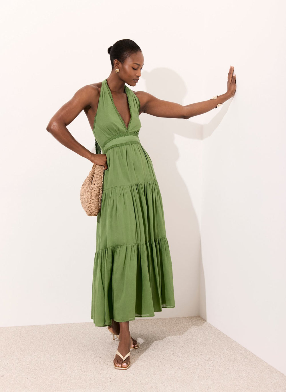Green Cotton Halter Maxi Dress