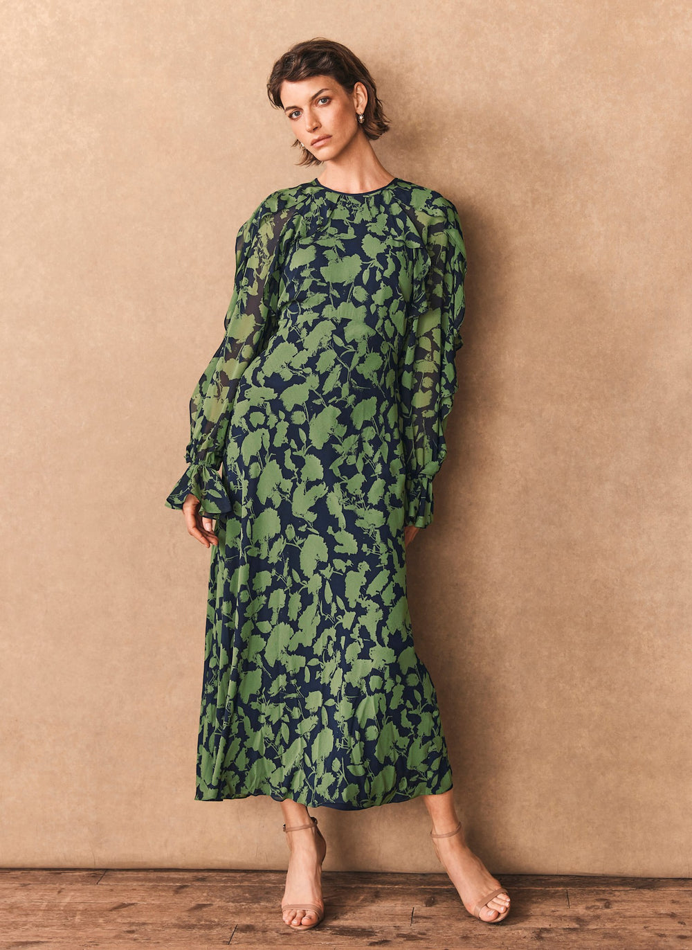 Green Floral Print Midi Dress