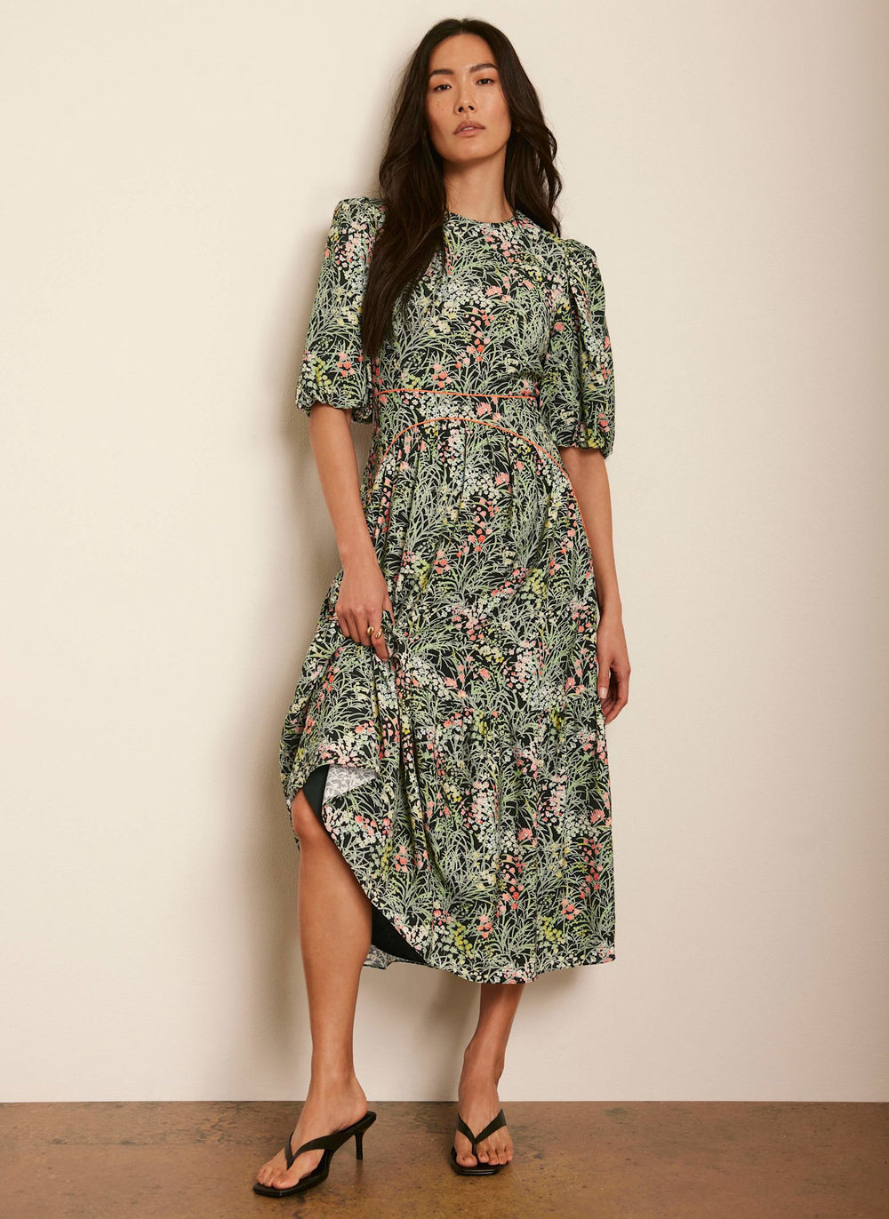 Green Floral Print Midi Dress
