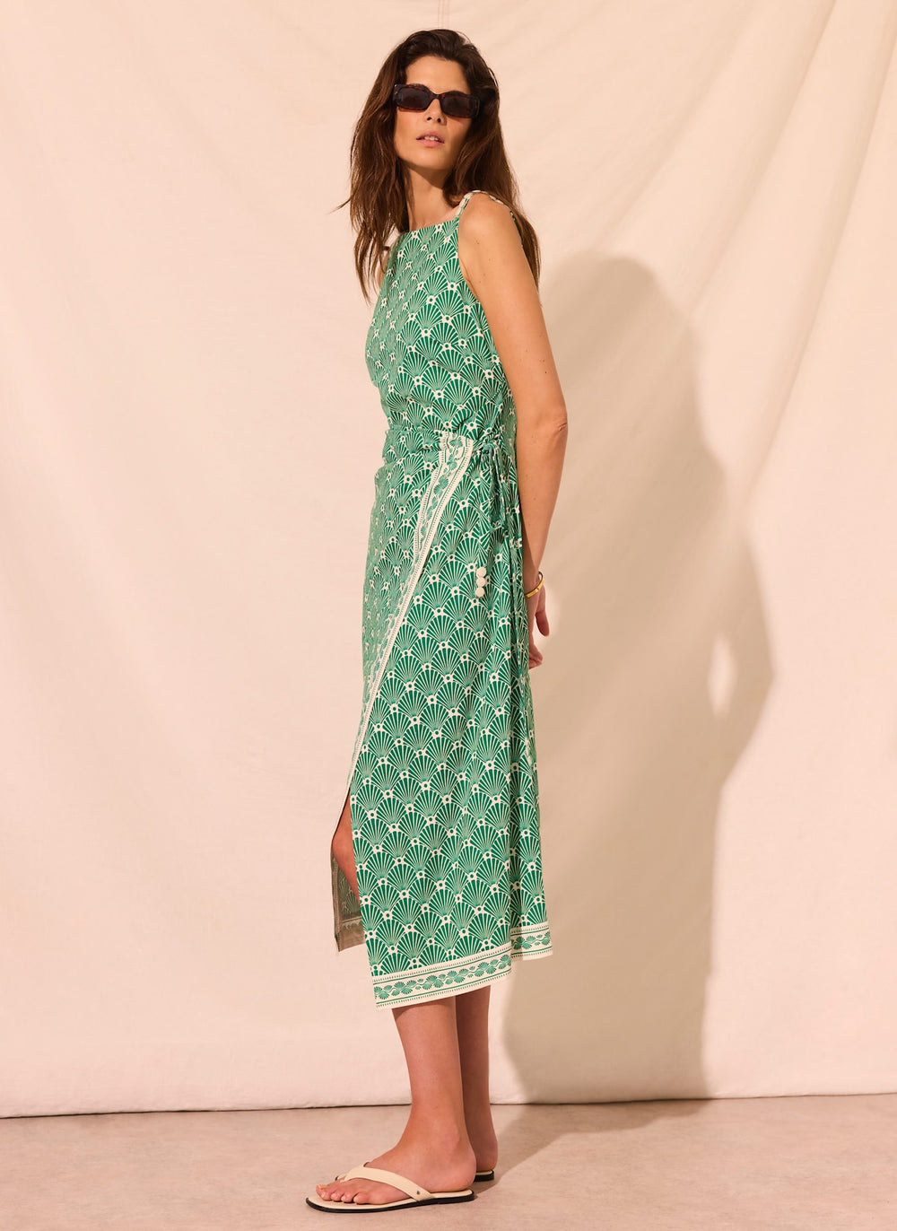 Green Linen Blend Printed Midi Dress