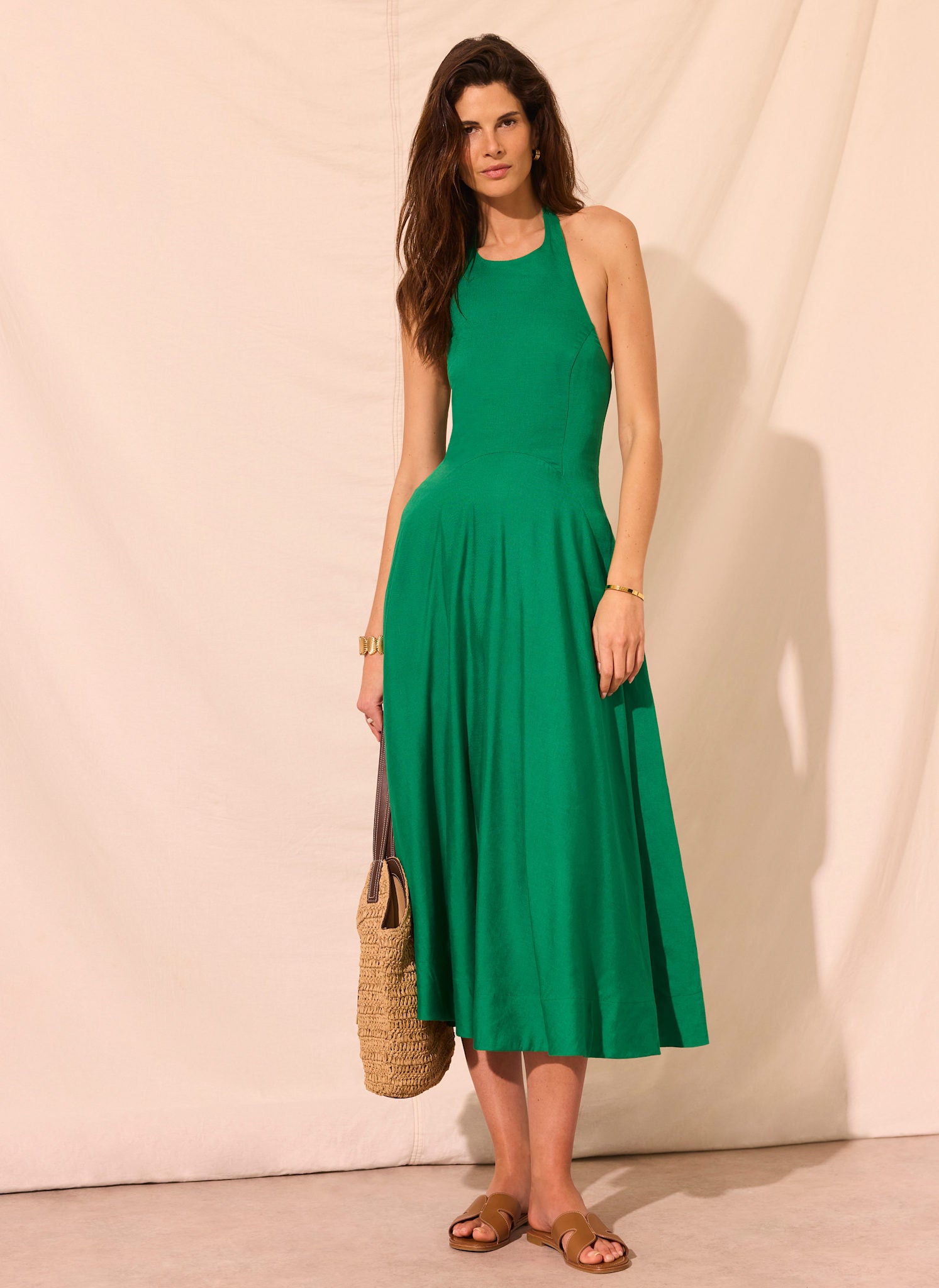 green halter neck evening dress Mint Velvet Green Beige Blend Halter Midi Dress | Size 02 | Green | Sleeveless