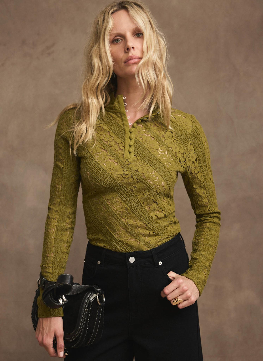 Olive Green Lace Button Detail Top
