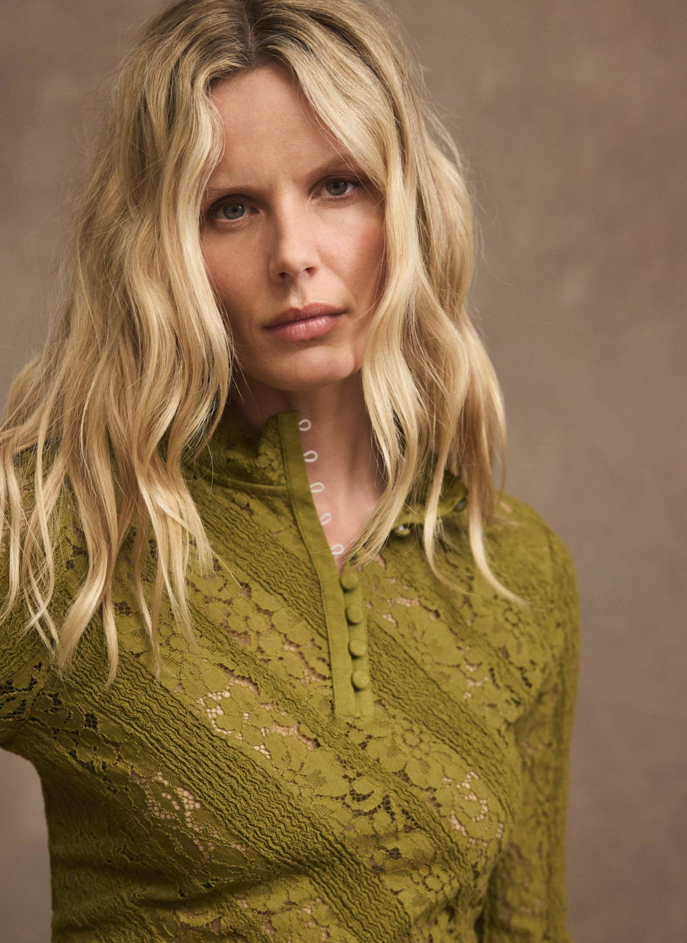 Olive Green Lace Button Detail Top